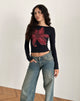 Image of Amabon Langarm-Top in Schwarz mit burgunderfarbener gemalter Blume
