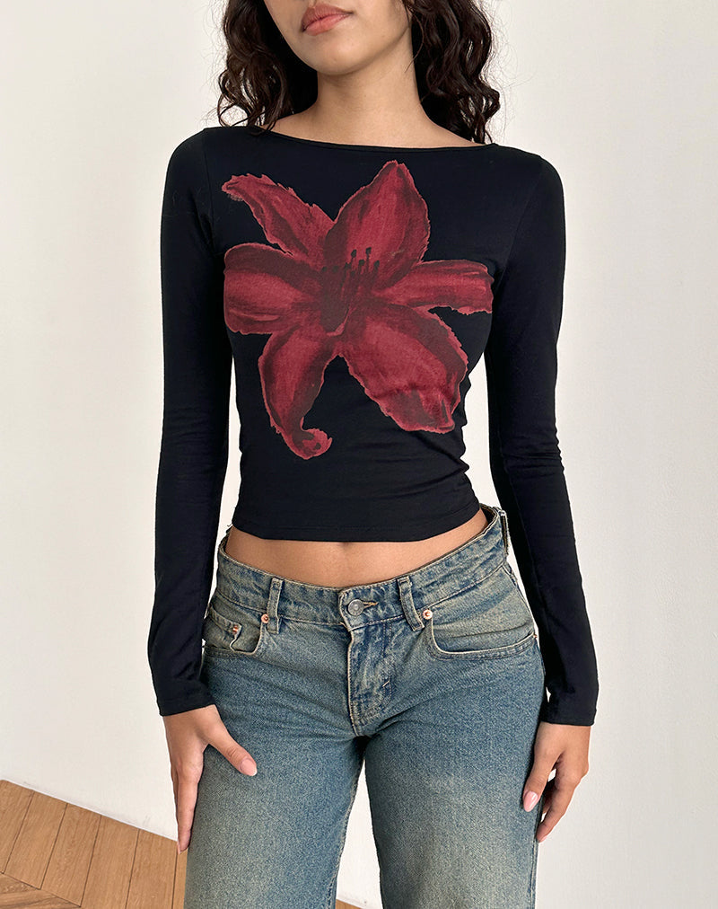 Amabon Langarm-Top in Schwarz mit burgunderfarbener gemalter Blume