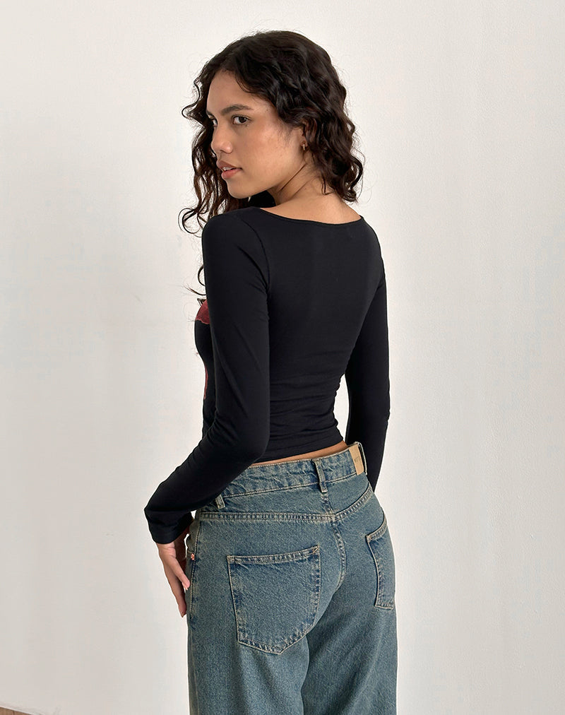 Image of Amabon Langarm-Top in Schwarz mit burgunderfarbener gemalter Blume