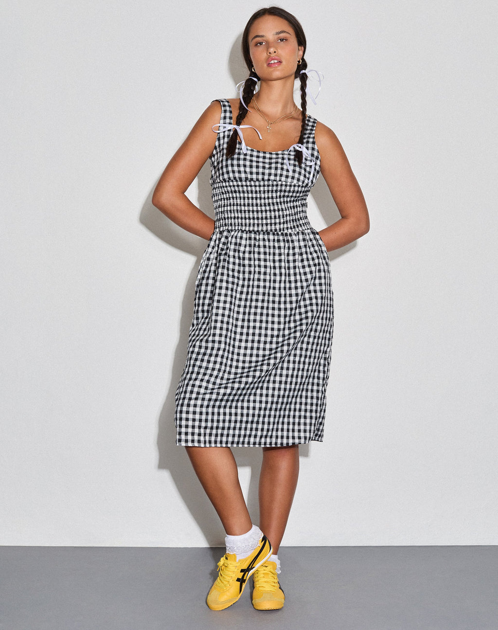 Ambrose Midikleid aus schwarzem und weißem Gingham