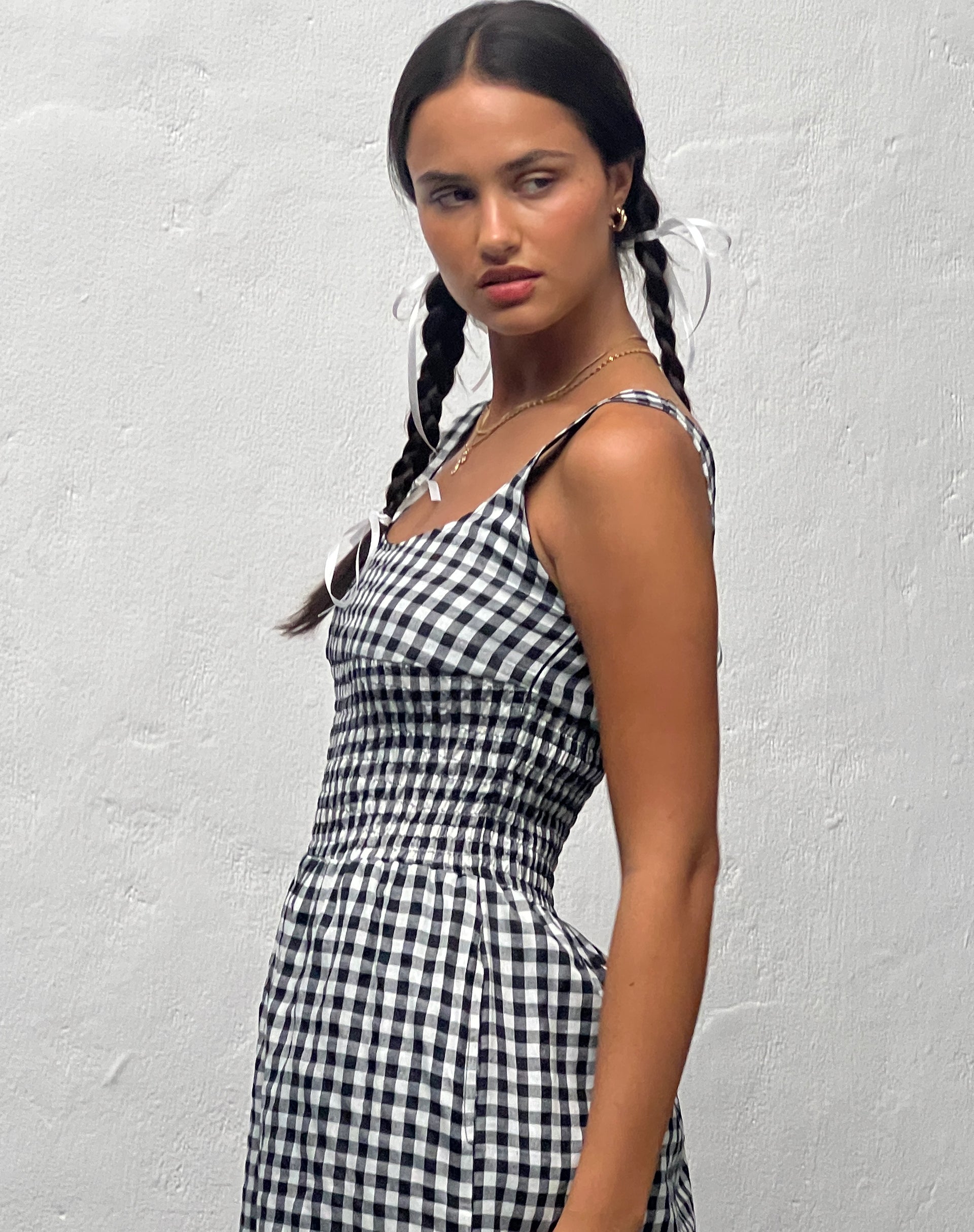 Image of Ambrose Midikleid aus schwarzem und weißem Gingham