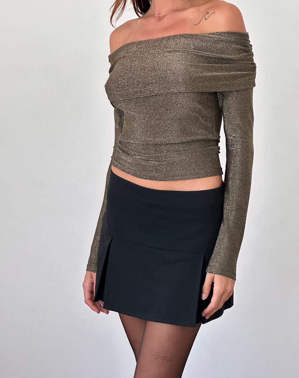 Andi Langärmeliges Bardot-Top aus goldenem Lurex
