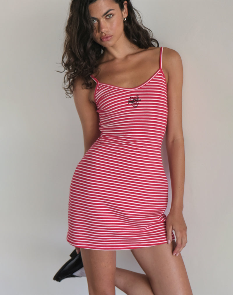 Image of Anzhelina Riemchen-Minikleid in Rot-Weiß gestreift mit Erdbeer-Emblem