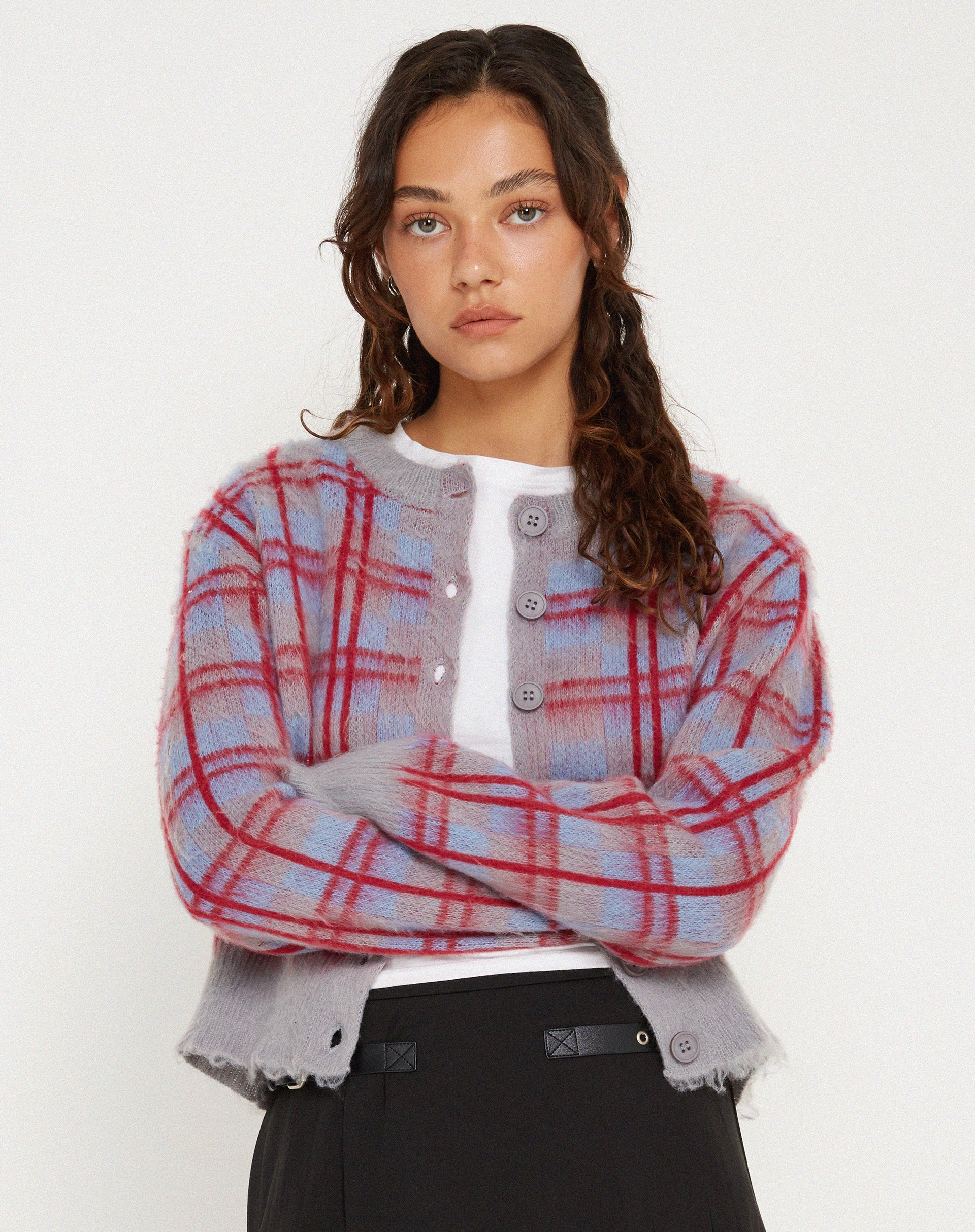 Bild von Anzio Button Up Cardi in Multi Check Grau Blau und Rot