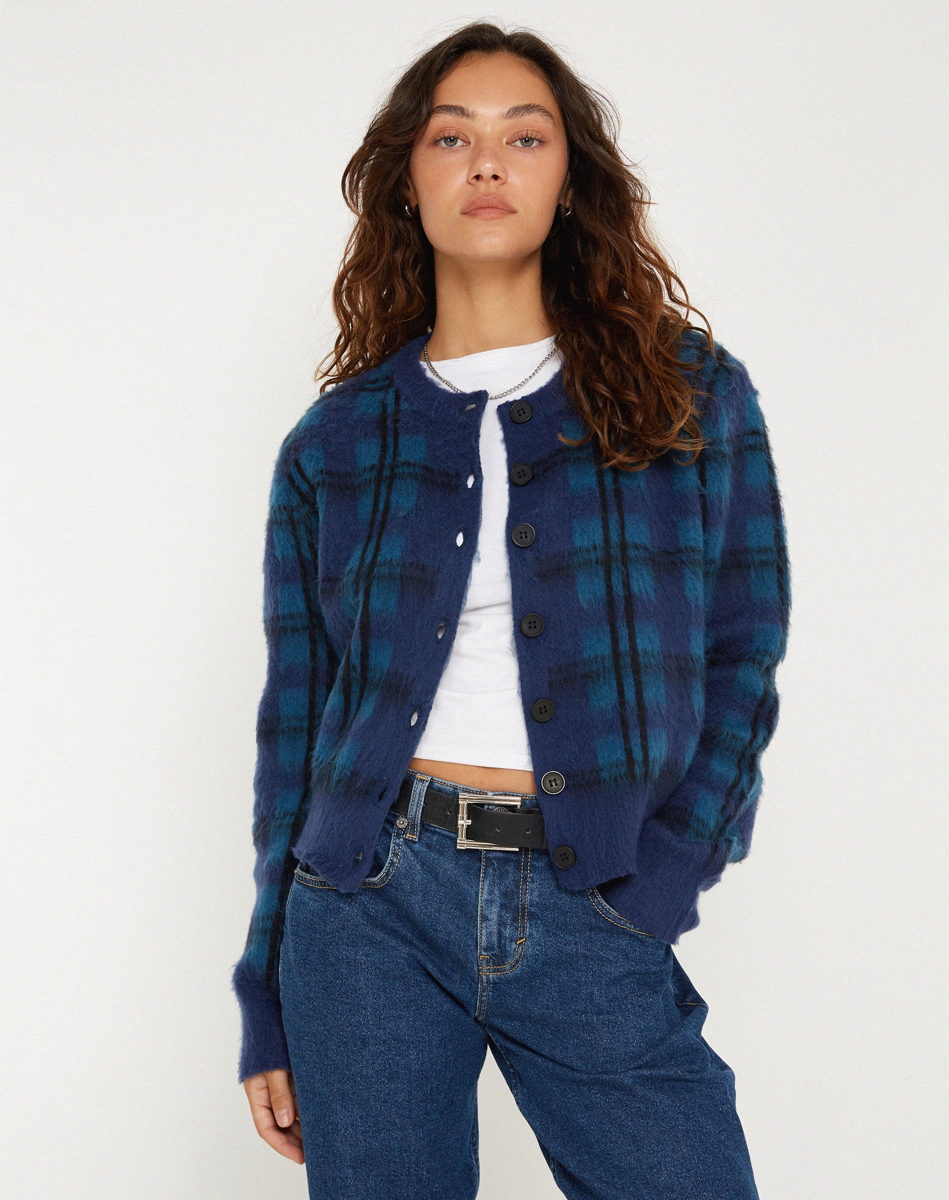 Bild von Anzio Button Up Cardi in Karo Marineblau