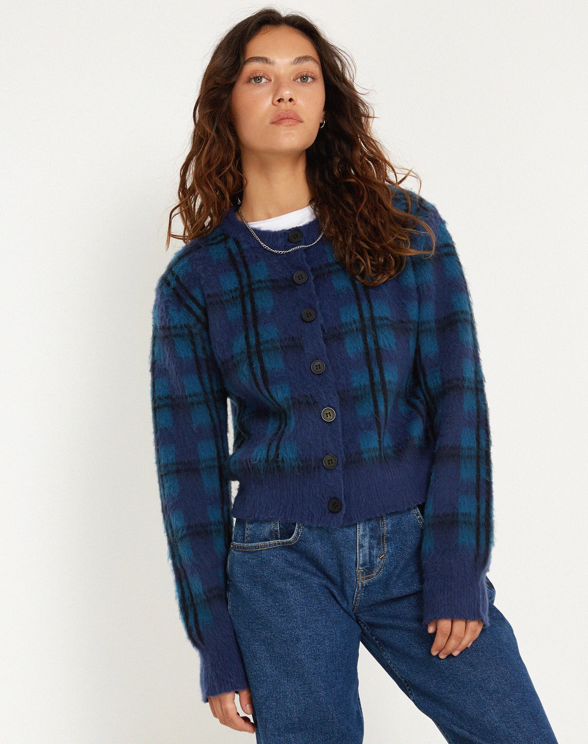 Bild von Anzio Button Up Cardi in Karo Marineblau