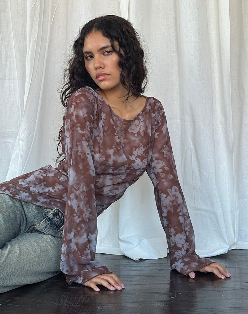 Arcelia Langärmeliges Mesh-Top in Botanical Shadow Brown