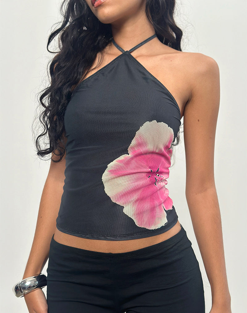 Image of Arira Neckholder-Top in Schwarz mit rosa Aquarellblume