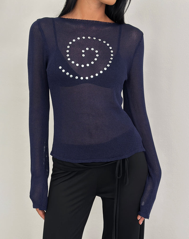 Image of Armali Langarm-Top aus transparentem Strick Navy