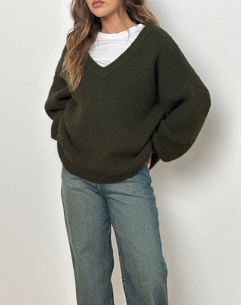 Image of Asato Chunky V Neck Pullover in gebürstetem Khaki