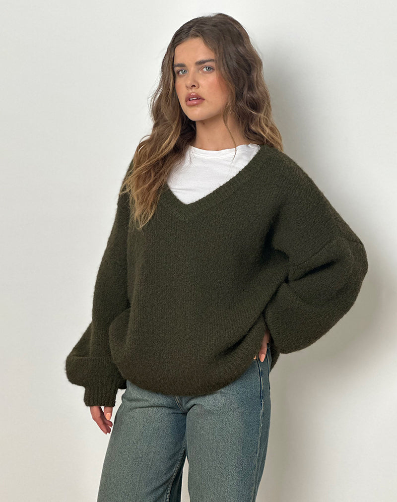 Asato Pullover mit klobigem V-Ausschnitt in gebürstetem Khaki
