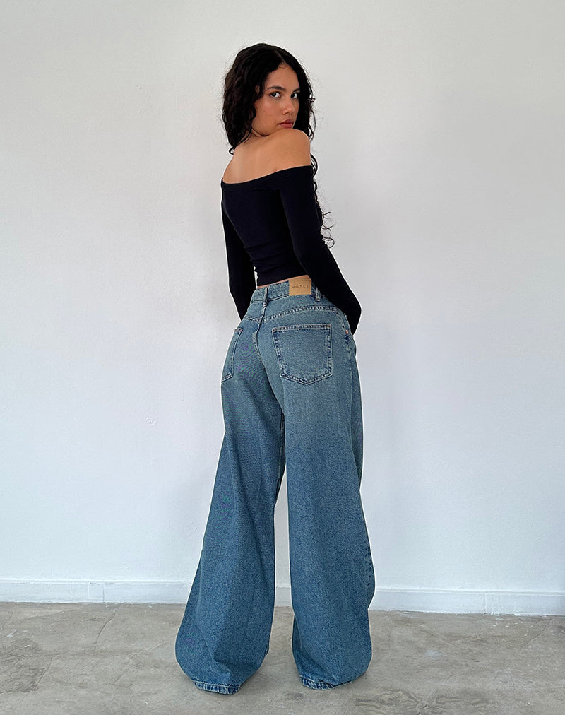 Image of Geräumige Oversized Low Rise Jeans in Vintage Blau Grün