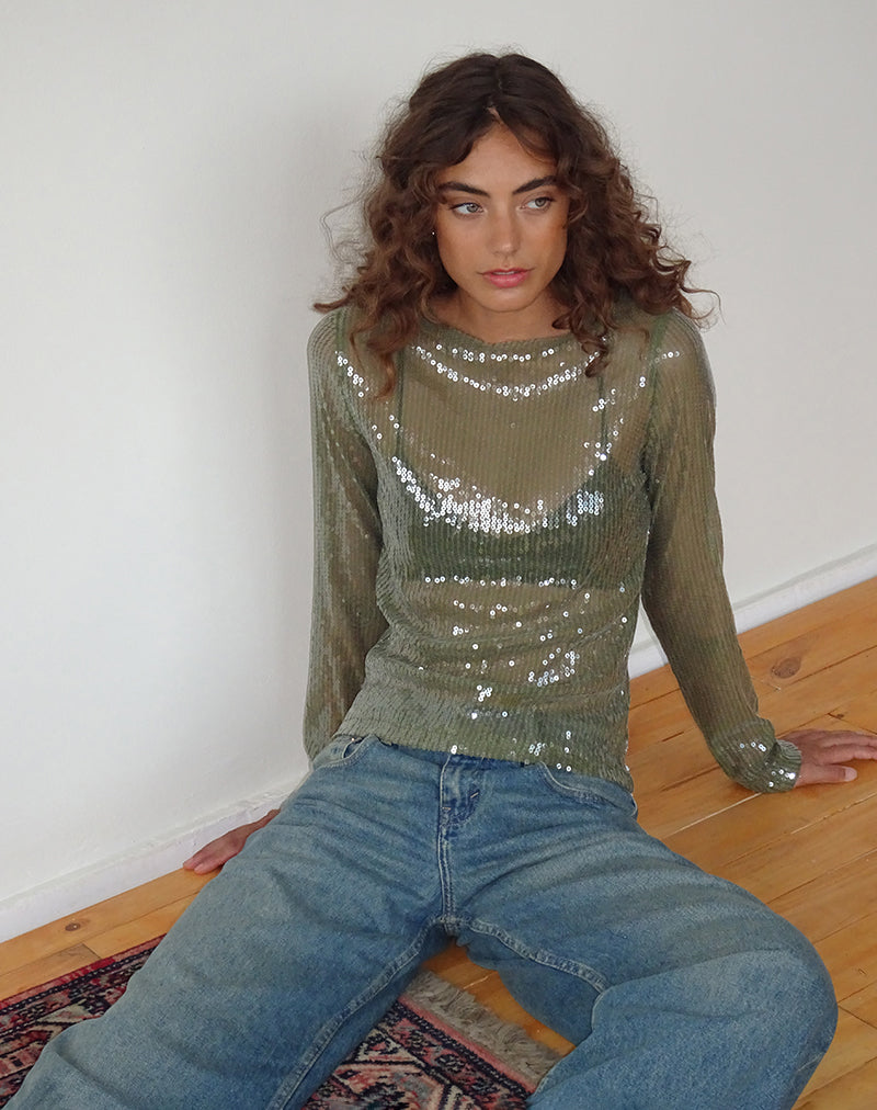 Ashram Top in Khaki Grün Pailletten klar