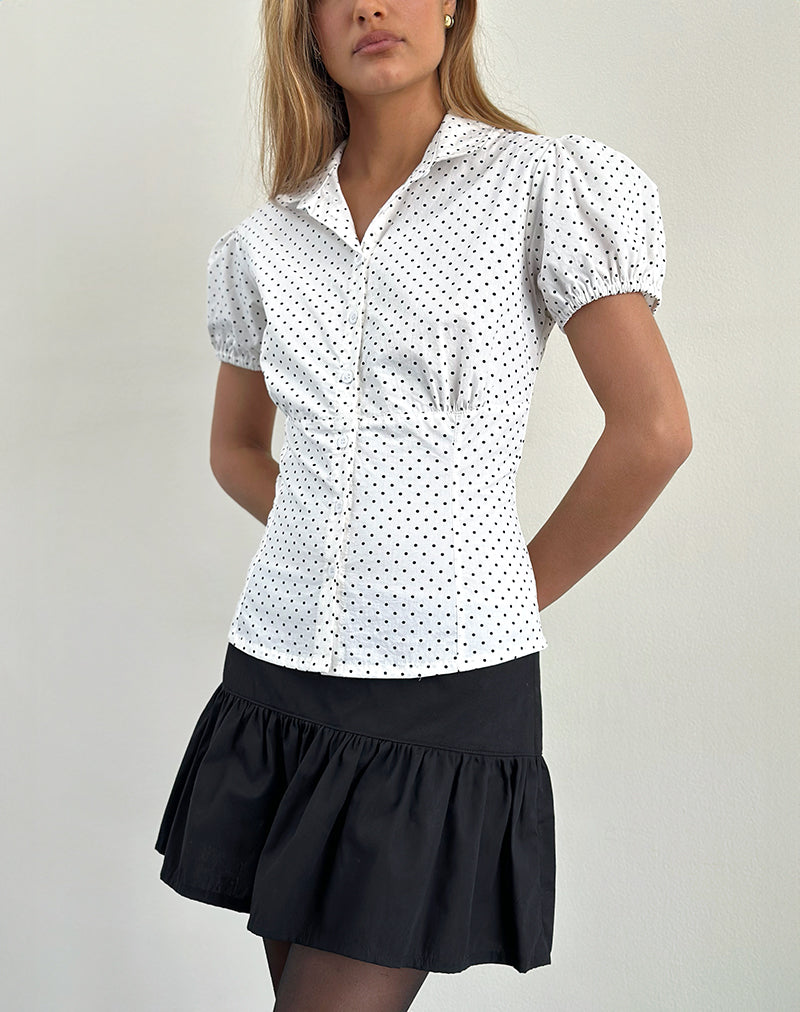 Image of Aspen Bluse mit Puffärmeln in Micro Polka Weiß und Schwarz