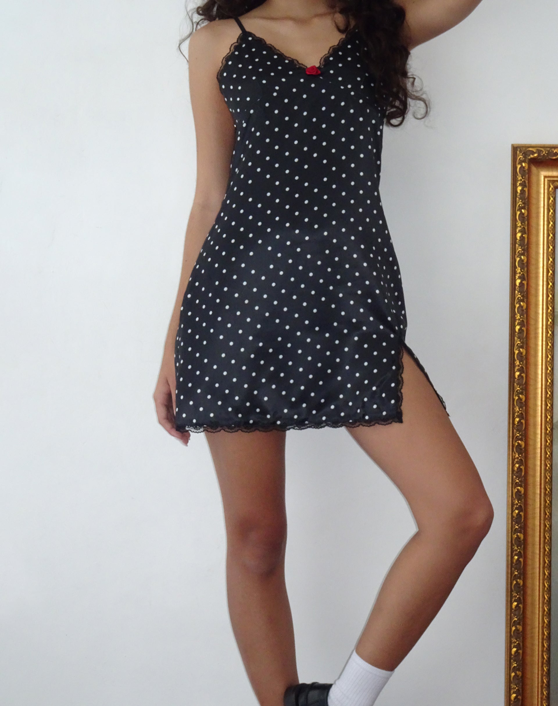 Image of Astrid Satin Mini Dress in Polka Dot Schwarz