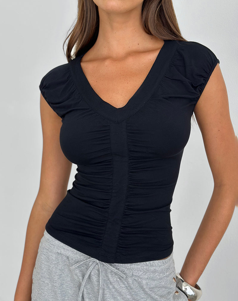 Atheia Top mit V-Ausschnitt aus Rayon-Jersey, schwarz