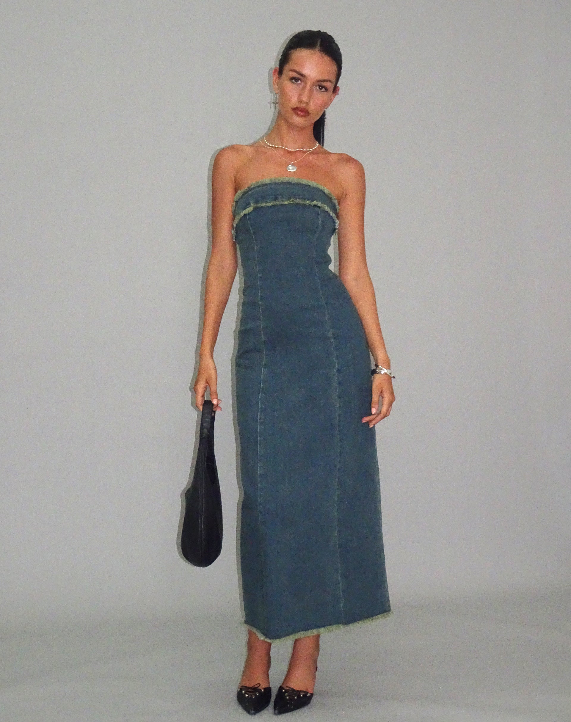 Bild von Atun Denim Bandeau Maxikleid in Braun Blau Acid Wash
