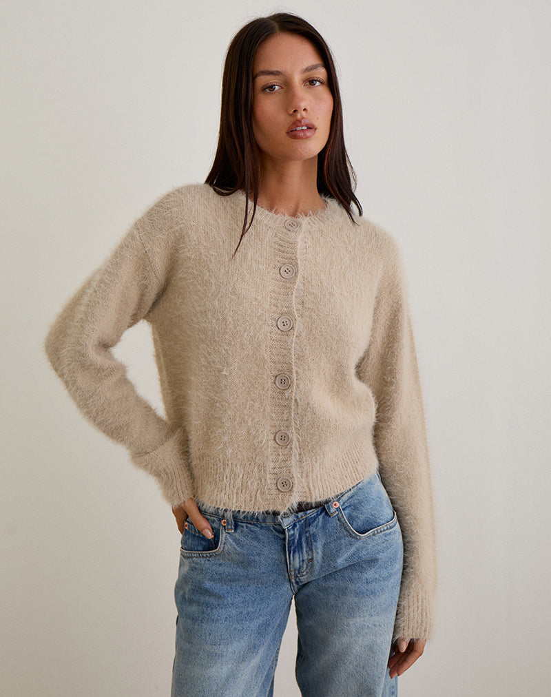 Image of Audrina Strickjacke aus flauschigem Strick Beige