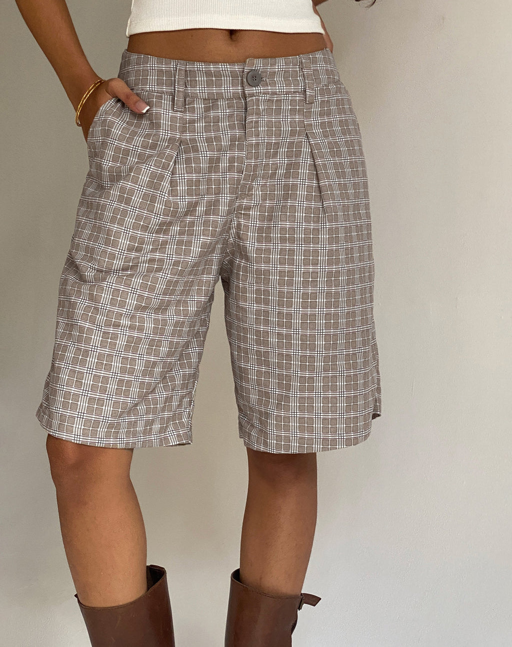Gail Longline Shorts in Taupe Karo