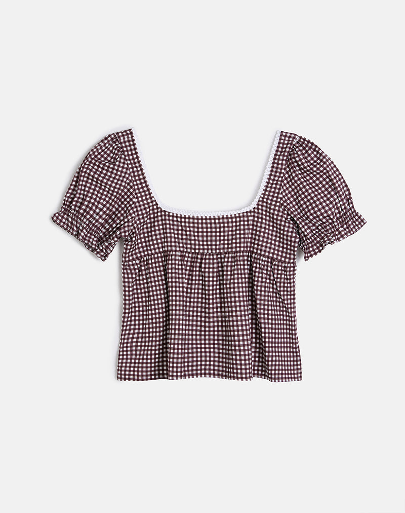 Axoni Bluse mit quadratischem Ausschnitt aus Mini-Gingham Wein