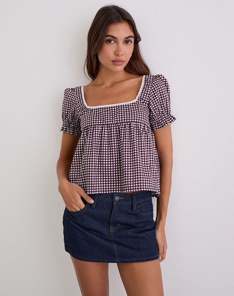 Axoni Bluse mit quadratischem Ausschnitt aus Mini-Gingham Wein