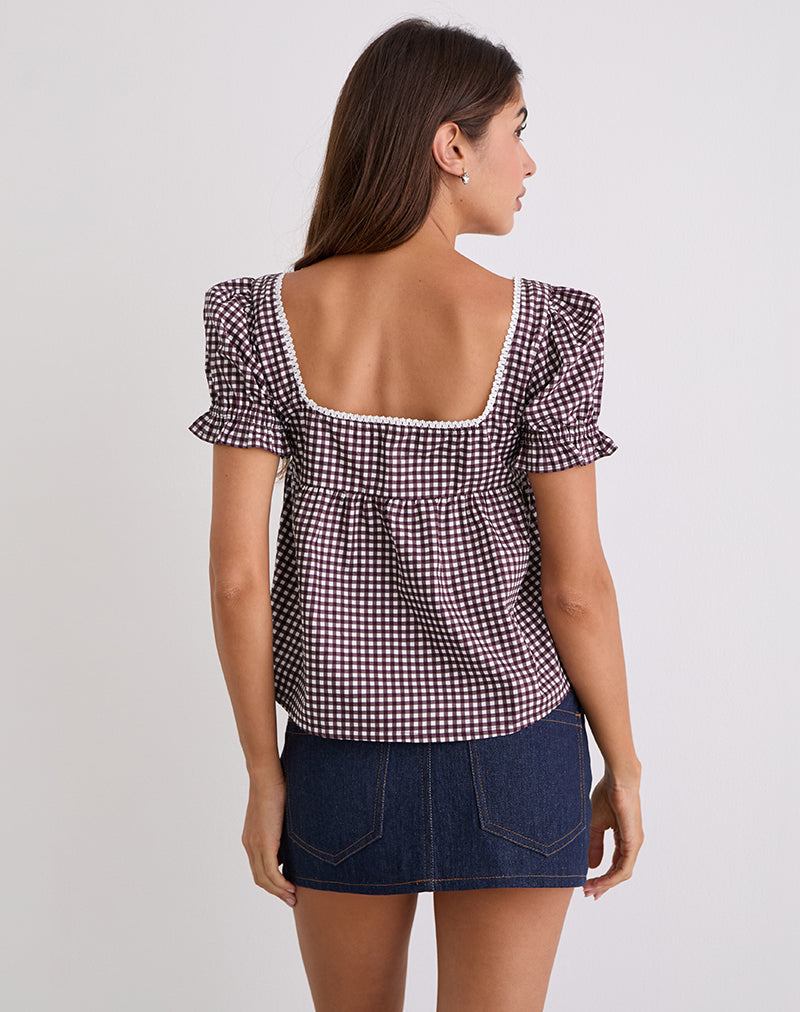 Image of Axoni Bluse mit quadratischem Ausschnitt in Mini Gingham Wine
