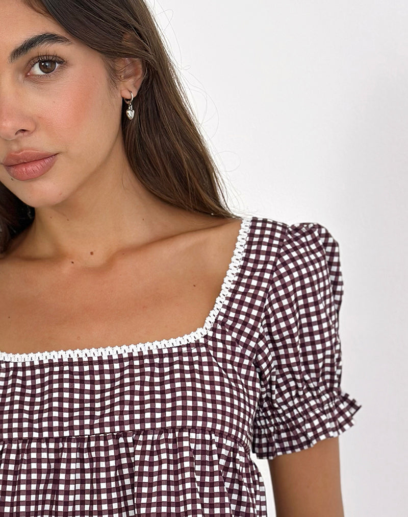Image of Axoni Bluse mit quadratischem Ausschnitt in Mini Gingham Wine