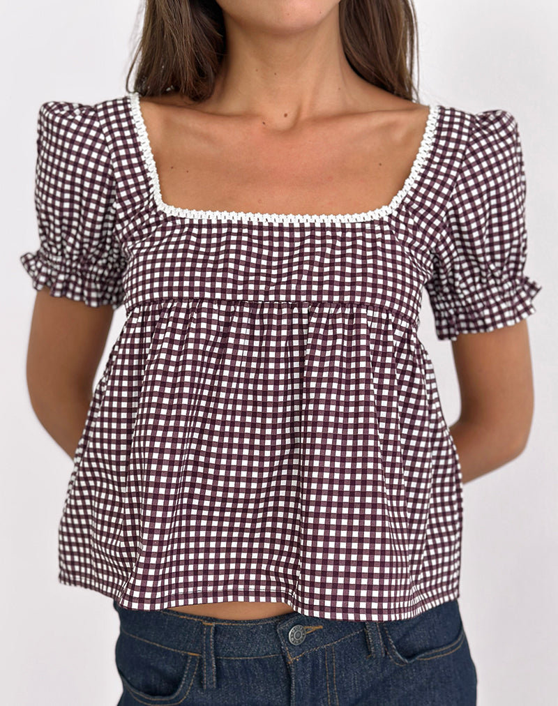 Image of Axoni Bluse mit quadratischem Ausschnitt in Mini Gingham Wine