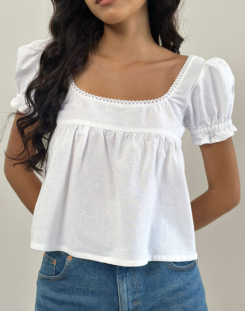 Axoni Bluse mit quadratischem Ausschnitt aus Leinen Weiß