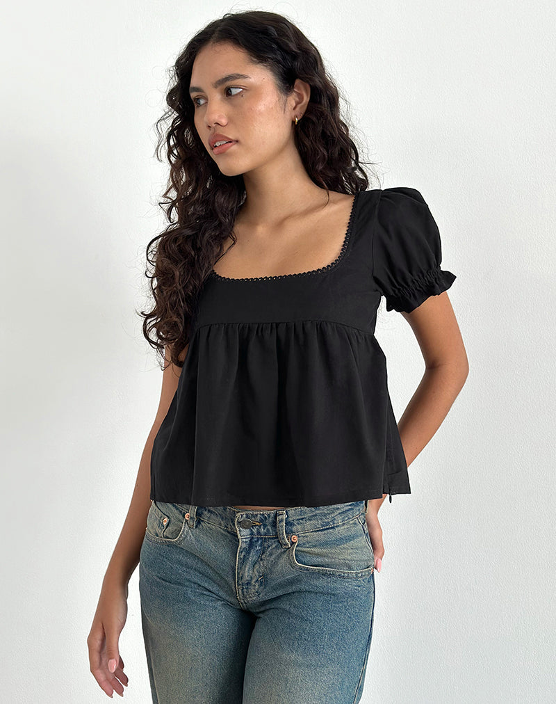 Axoni Bluse mit quadratischem Ausschnitt aus Leinen Schwarz