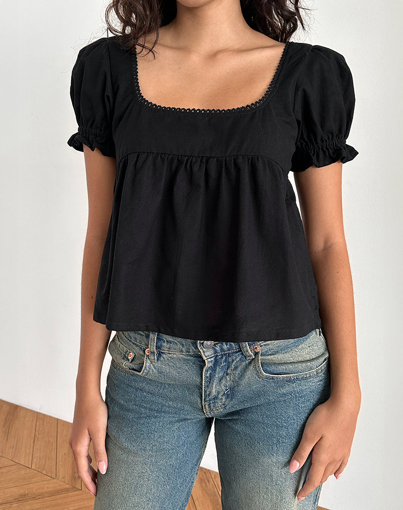 Image of Axoni Bluse mit quadratischem Ausschnitt aus Leinen Schwarz