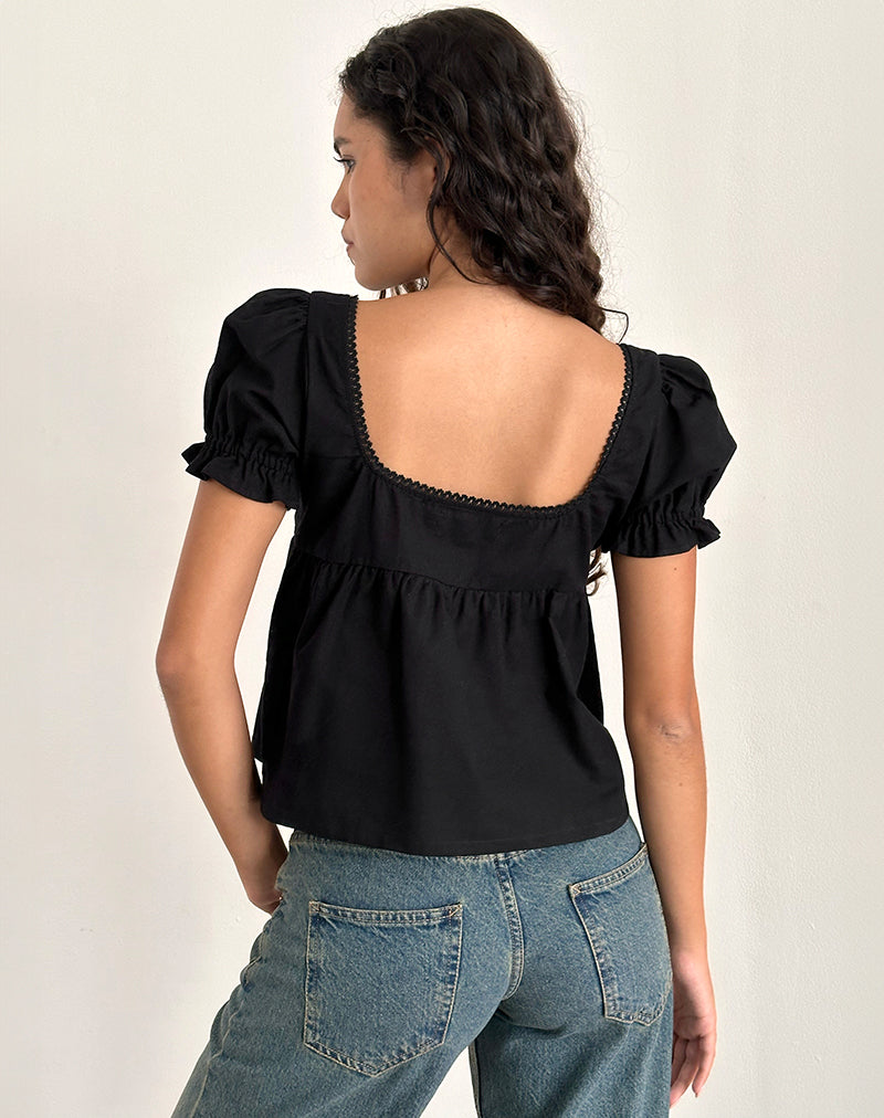 Image of Axoni Bluse mit quadratischem Ausschnitt aus Leinen Schwarz