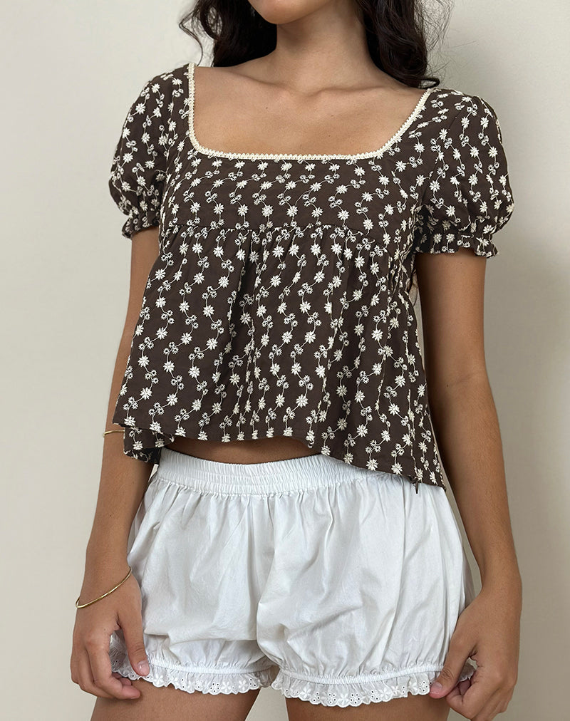 Image of Axoni Bluse mit quadratischem Halsausschnitt aus geblümter Broderie Braun