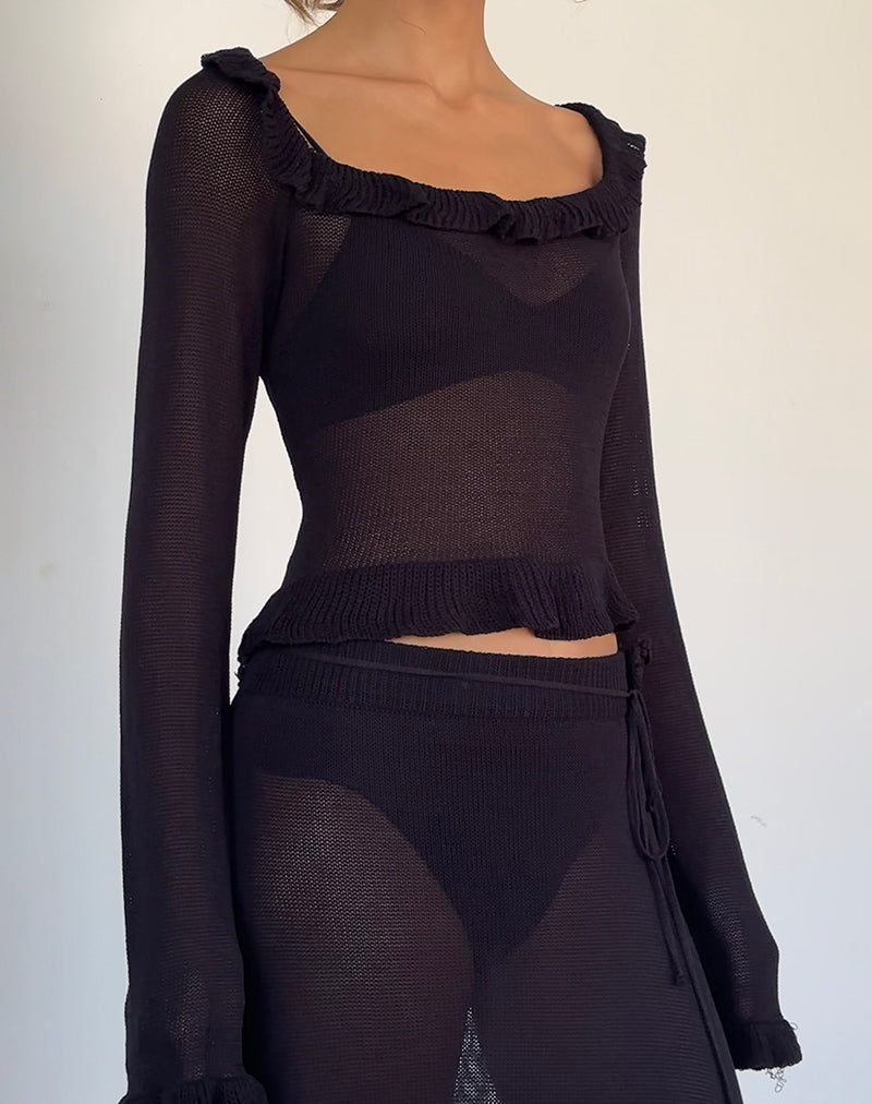 Image of Ayako Rüschen-Feinstrick-Top in Schwarz