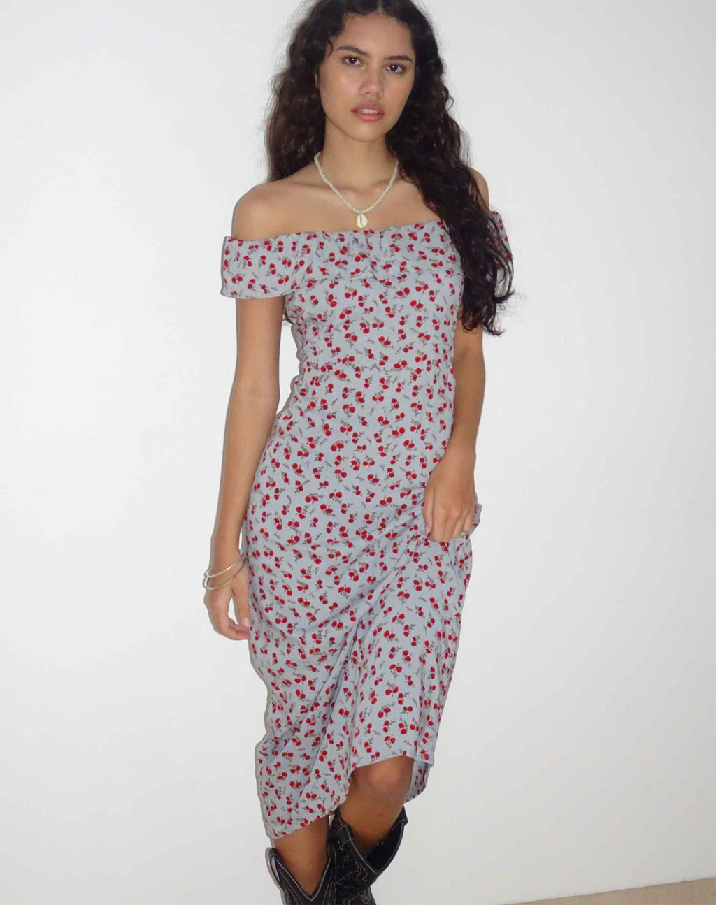 Ayudia Bardot Midikleid in Blau Floral Ditsy