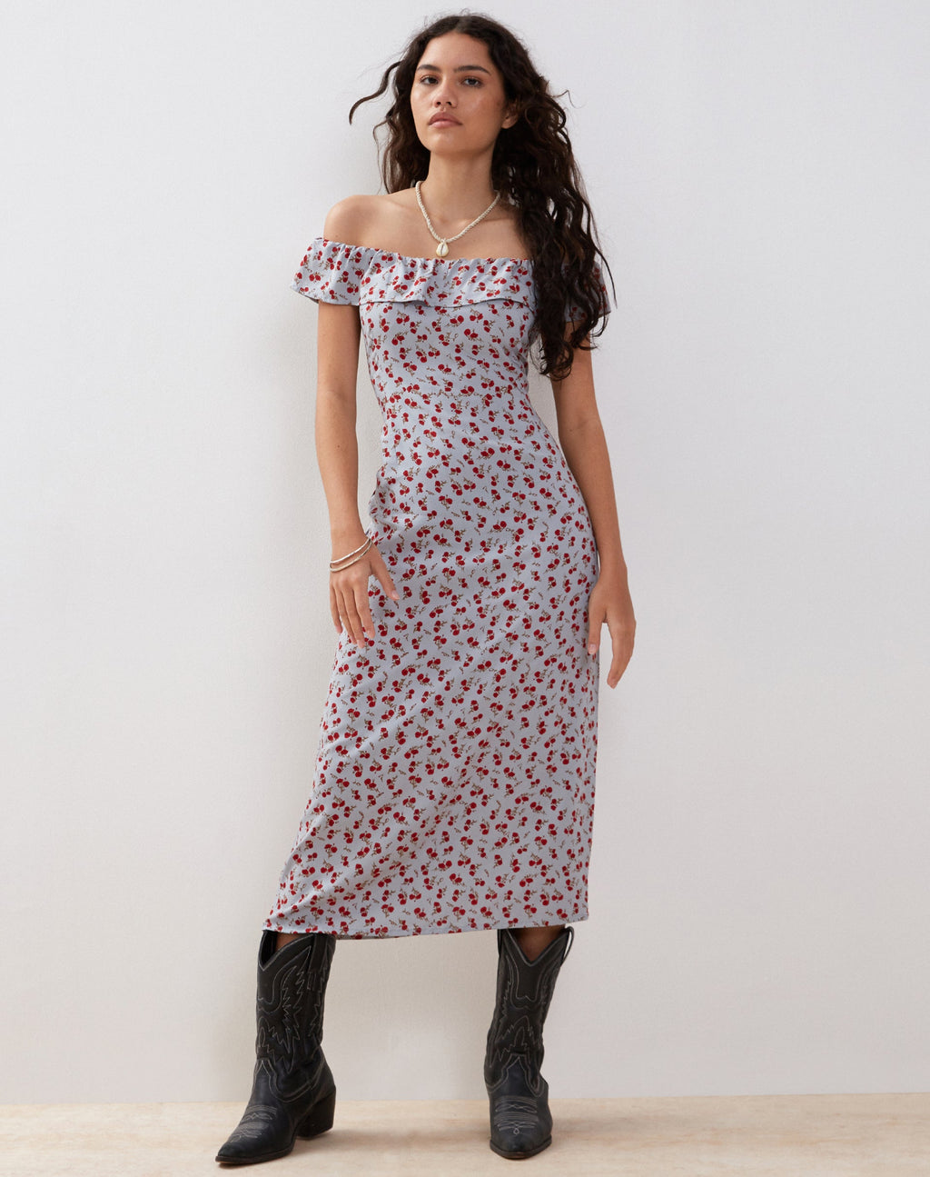 Ayudia Bardot Midikleid in Blau Floral Ditsy