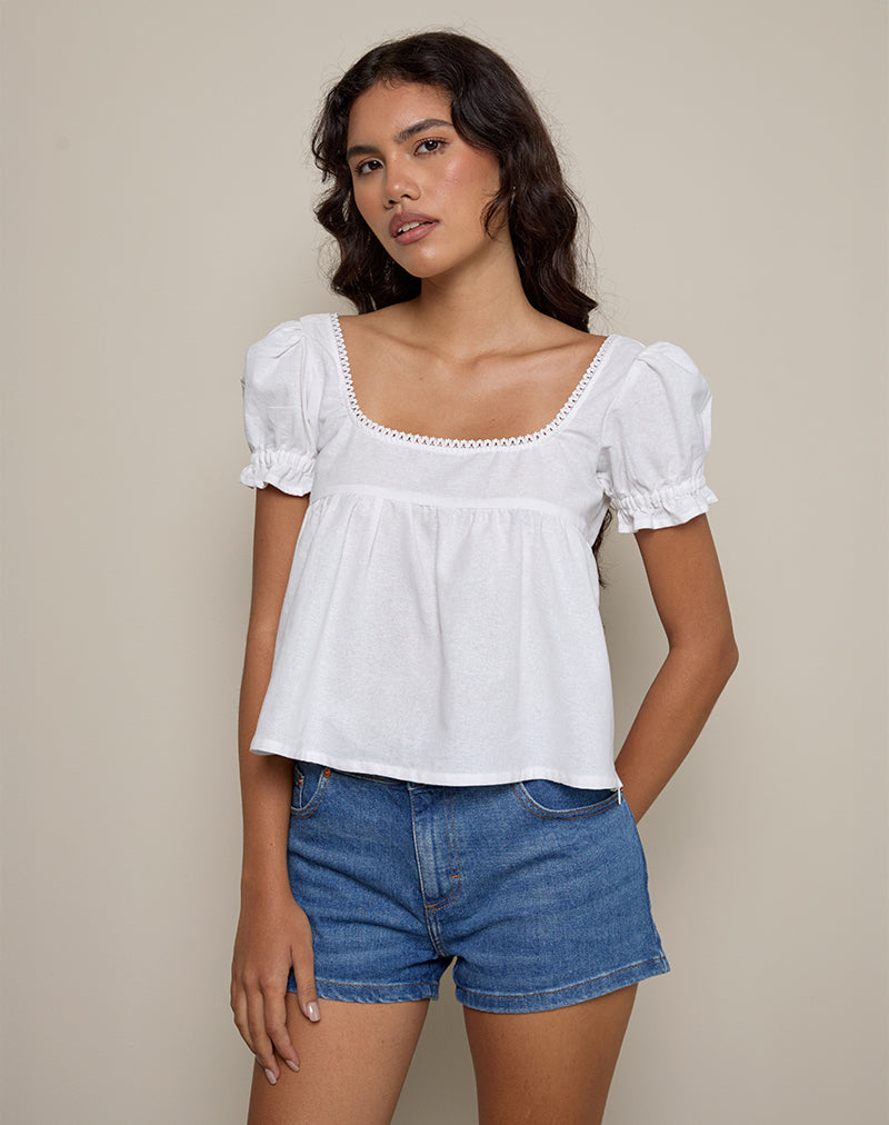 Axoni Bluse mit quadratischem Ausschnitt aus Leinen Weiß