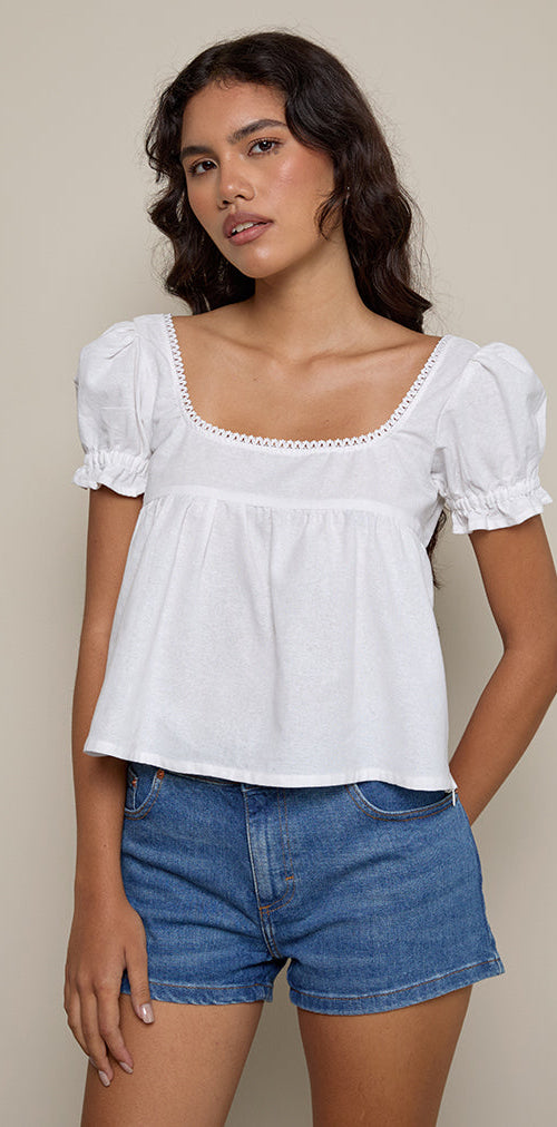 Image of Axoni Bluse mit quadratischem Ausschnitt aus Leinen Weiß