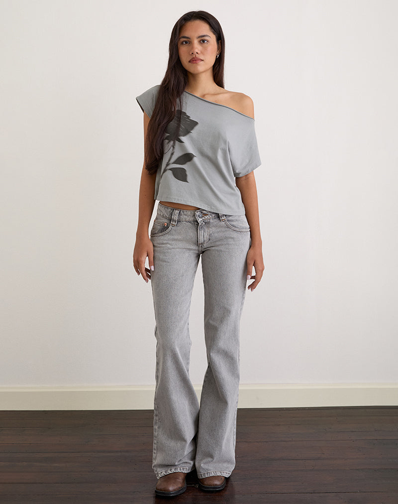 Image of Balia Asymmetrisches Kurzarm-Basic-Top in Grau mit verschwommenem Rosenprint