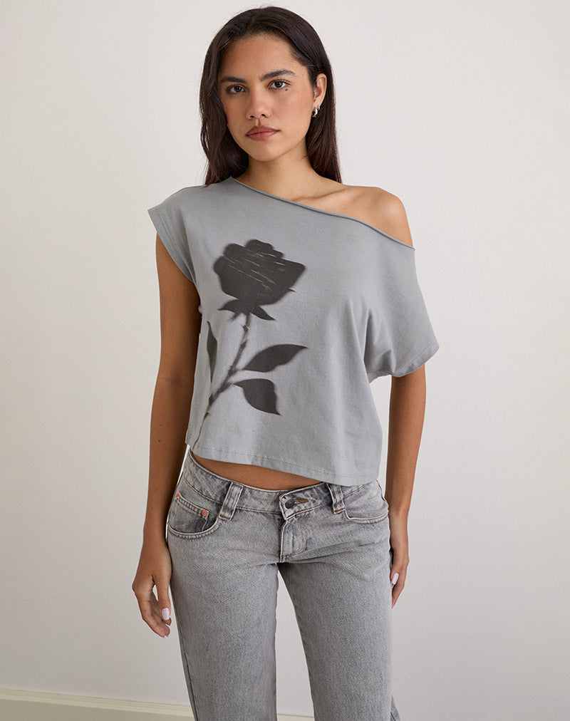 Balia Asymmetrisches Kurzarm-Basic-Top in Grau mit verschwommenem Rosenprint