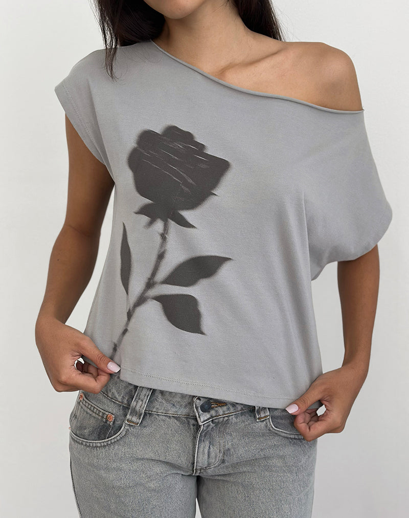 Balia Asymmetrisches Kurzarm-Basic-Top in Grau mit verschwommenem Rosenprint