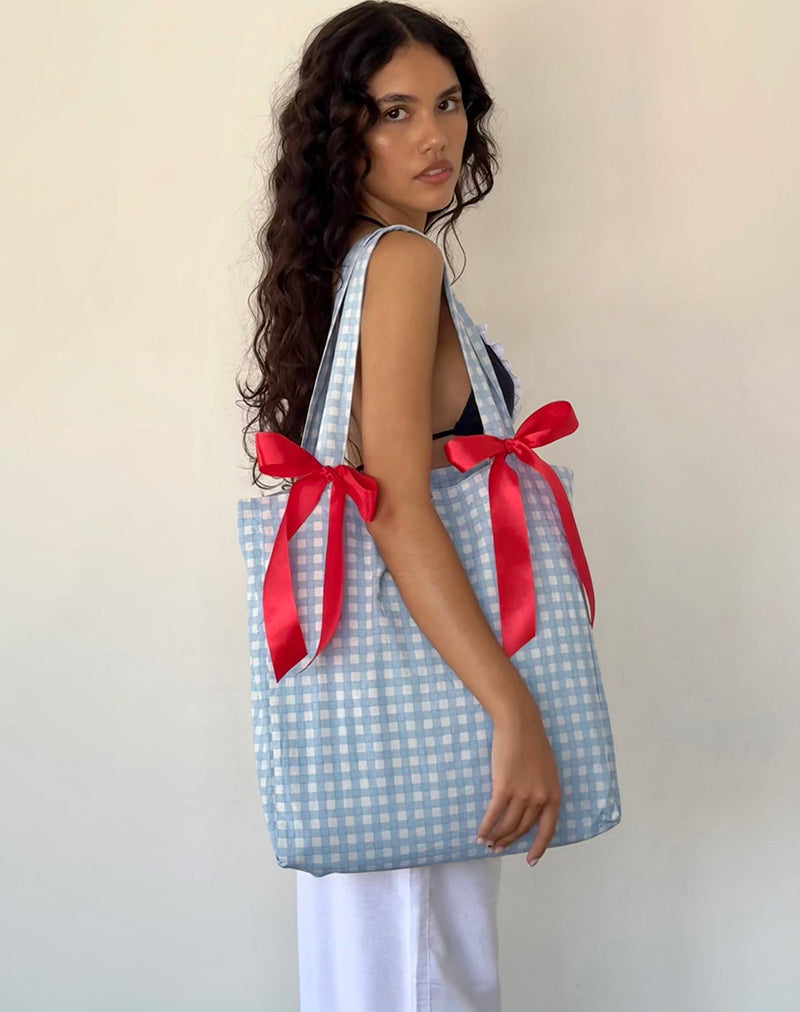 Image of Barbara Tote Bag in blauem Gingham mit roter Schleife
