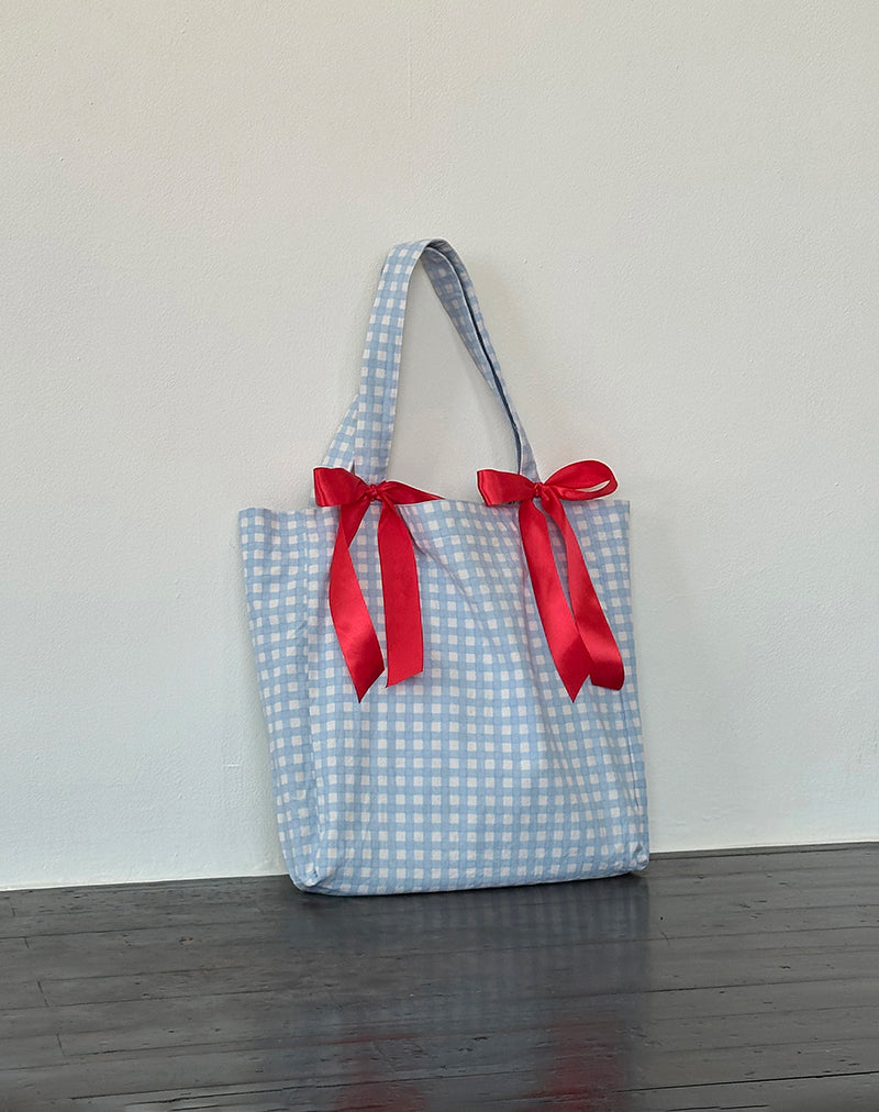 Barbara Tote Bag aus blauem Gingham mit roter Schleife