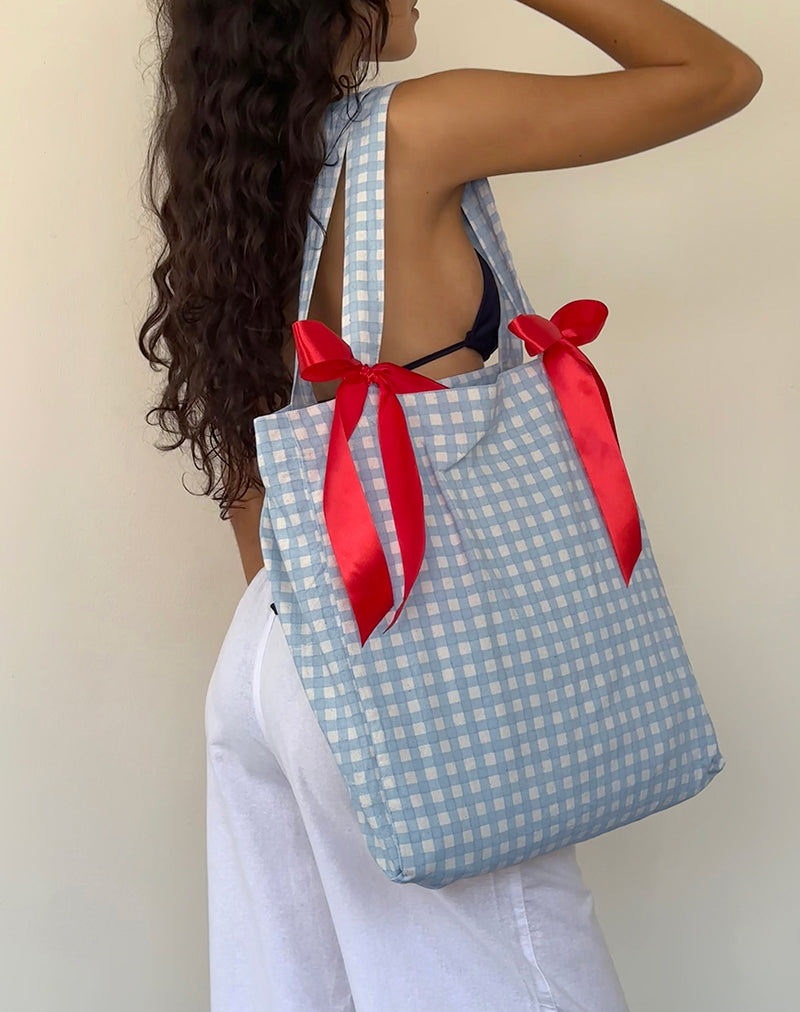 Image of Barbara Tote Bag in blauem Gingham mit roter Schleife