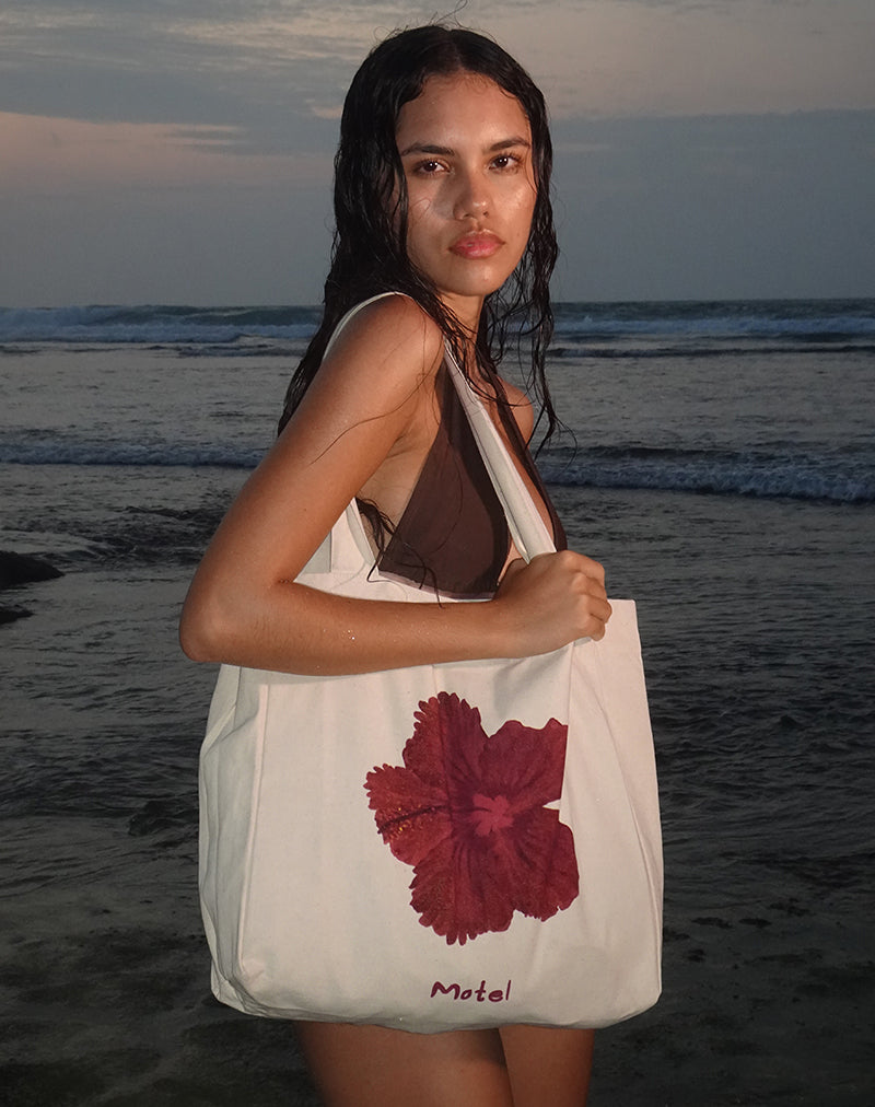 Barbara Tote Bag in Elfenbein mit Hibiskusdruck