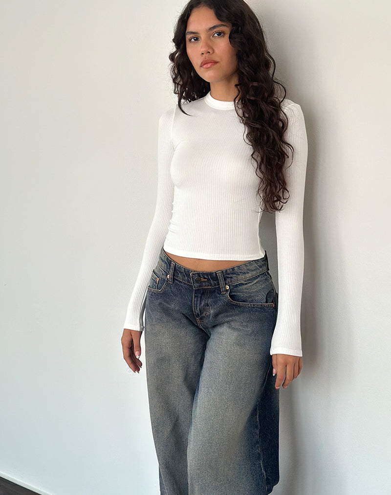 Image of Buche geripptes langärmeliges Top in Off White