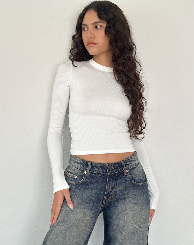 Image of Buche geripptes langärmeliges Top in Off White