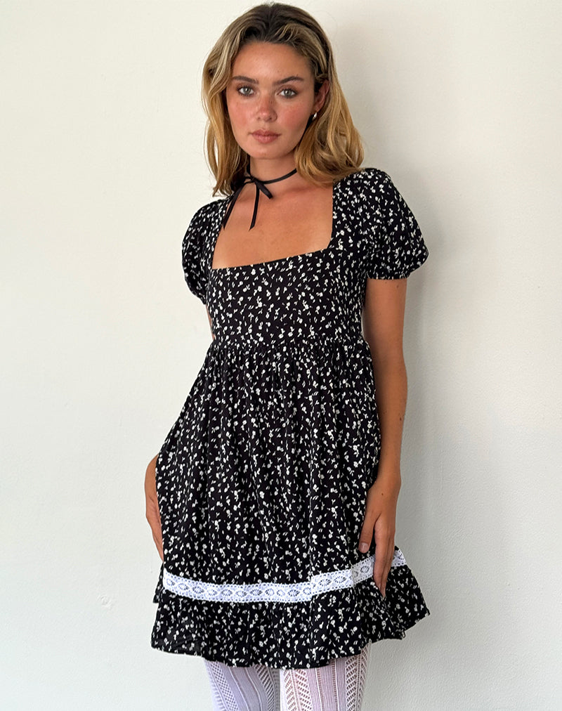 Beling Mini-Teekleid in Schwarz Ditsy Romance
