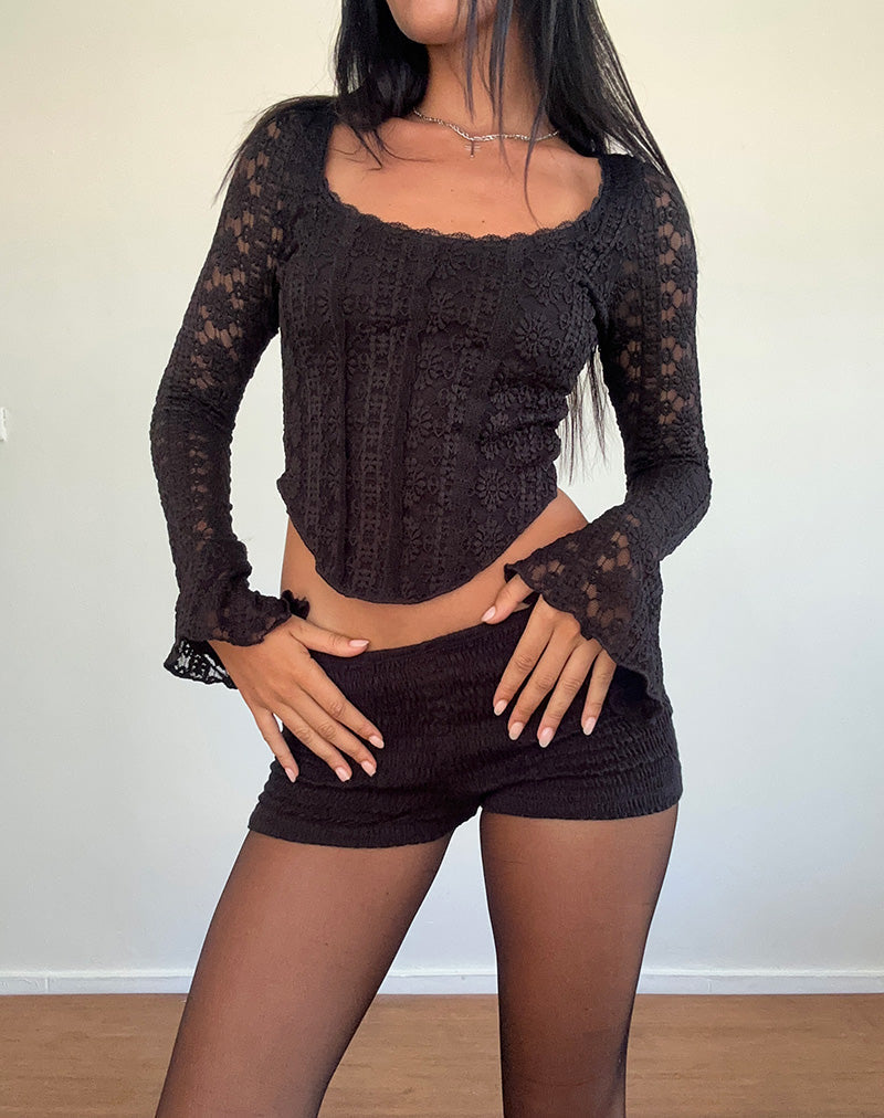 Belle Langärmeliges Top aus königlicher Spitze Schwarz
