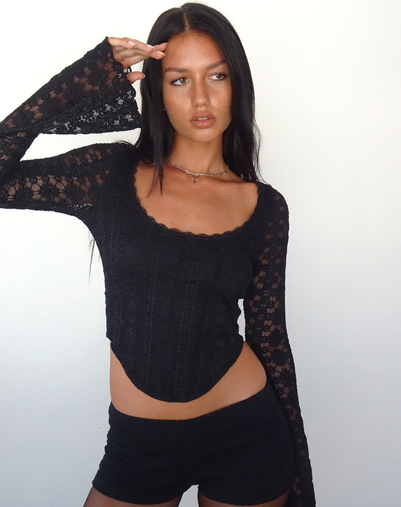 Image of Belle Langärmeliges Top aus königlicher Spitze Schwarz